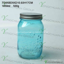 Cheapest 1000ml Embossed Glass Mason Jar with Swing Metal Lid